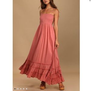 Rose Swiss Dot Smocked Cutout Tiered Maxi Dress